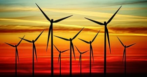 Wind turbines  at sunset