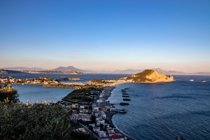 The panorama of the beach of miseno, of the mountain of miseno with the lake of Bacoli behind it. A small peninsula in the Gulf of Naples